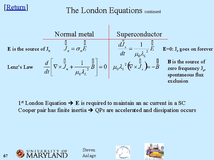 [Return] The London Equations continued Normal metal Superconductor E is the source of Jn