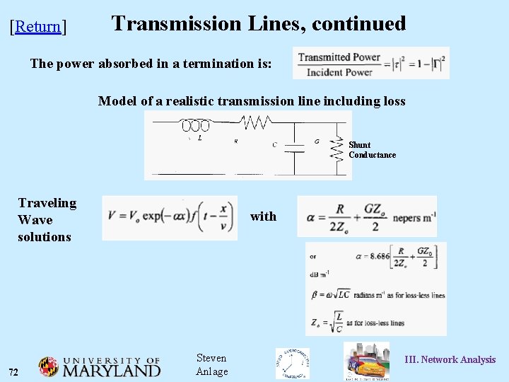 [Return] Transmission Lines, continued The power absorbed in a termination is: Model of a