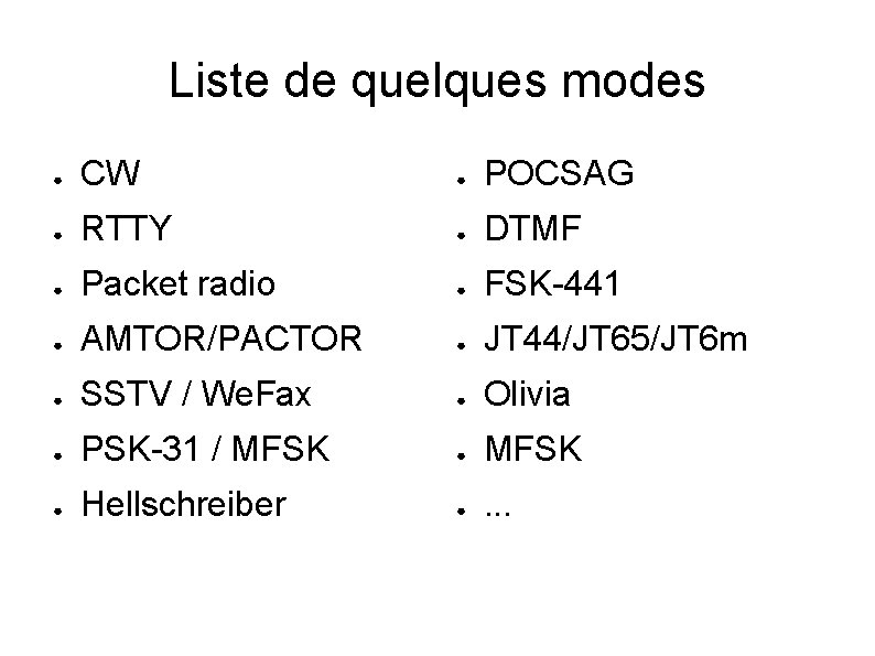 Liste de quelques modes ● CW ● POCSAG ● RTTY ● DTMF ● Packet