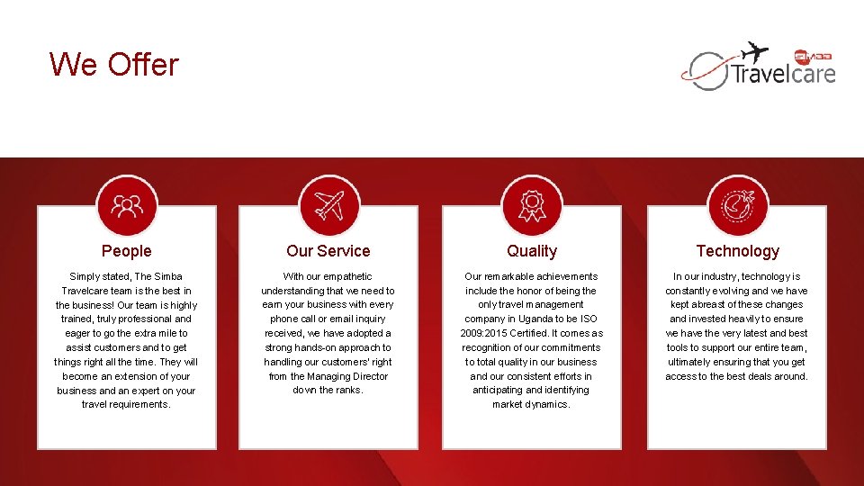 We Offer People Our Service Quality Technology Simply stated, The Simba Travelcare team is