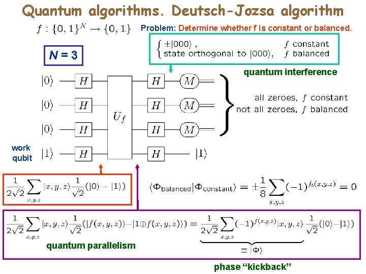 Quantum algorithms. Deutsch-Jozsa algorithm Problem: Determine whether f is constant or balanced. N=3 quantum Quantum algorithms. Deutsch-Jozsa algorithm Problem: Determine whether f is constant or balanced. N=3 quantum
