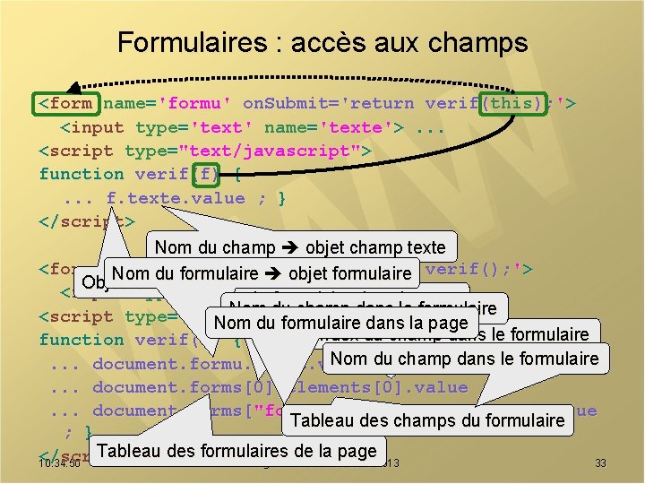 Formulaires : accès aux champs <form name='formu' on. Submit='return verif(this); '> <input type='text' name='texte'>.