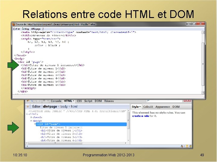 Relations entre code HTML et DOM 10: 35: 10 Programmation Web 2012 -2013 49