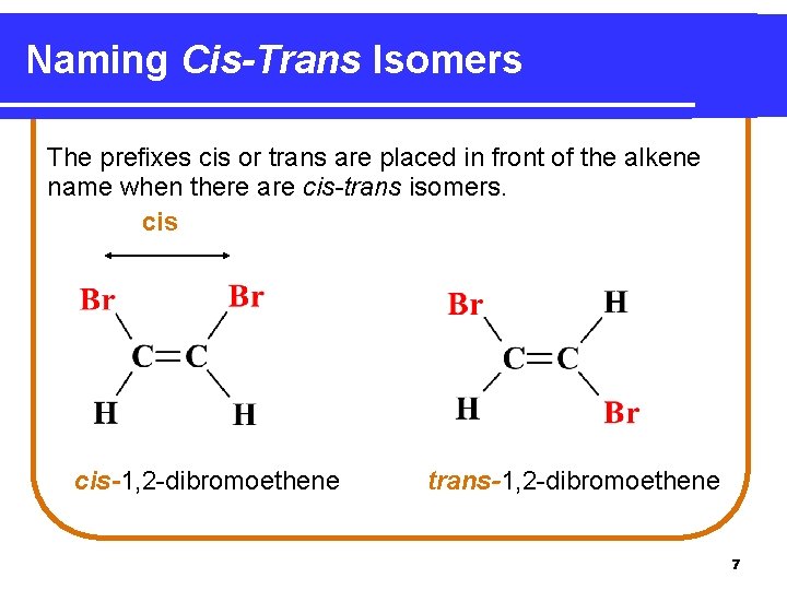 Naming Cis-Trans Isomers The prefixes cis or trans are placed in front of the