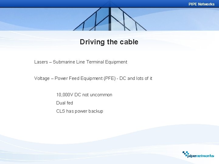 PIPE Networks Driving the cable Lasers – Submarine Line Terminal Equipment Voltage – Power