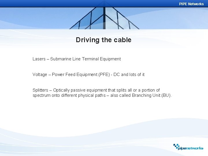 PIPE Networks Driving the cable Lasers – Submarine Line Terminal Equipment Voltage – Power