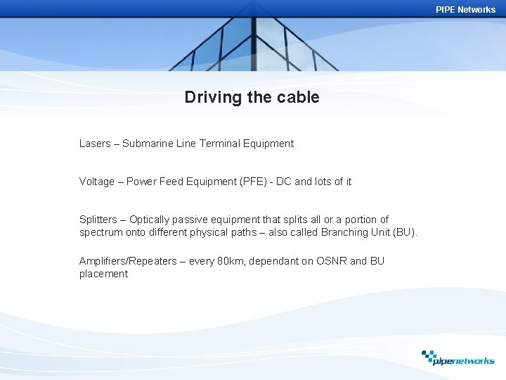 PIPE Networks Driving the cable Lasers – Submarine Line Terminal Equipment Voltage – Power