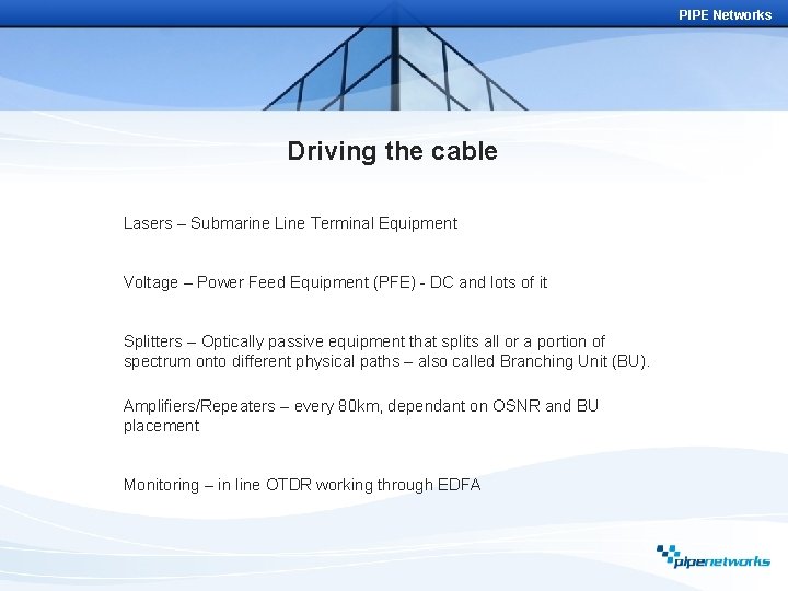 PIPE Networks Driving the cable Lasers – Submarine Line Terminal Equipment Voltage – Power