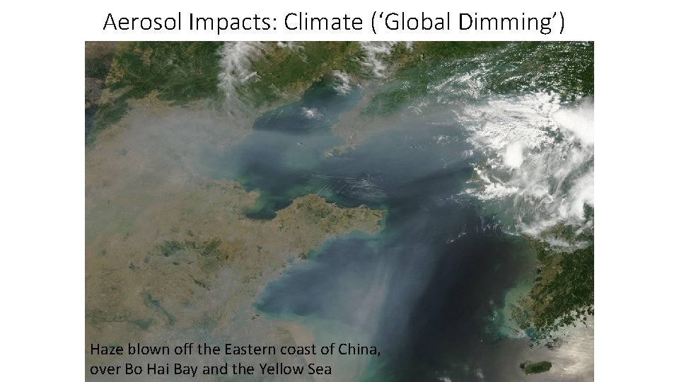Aerosol Impacts: Climate (‘Global Dimming’) Haze blown off the Eastern coast of China, over