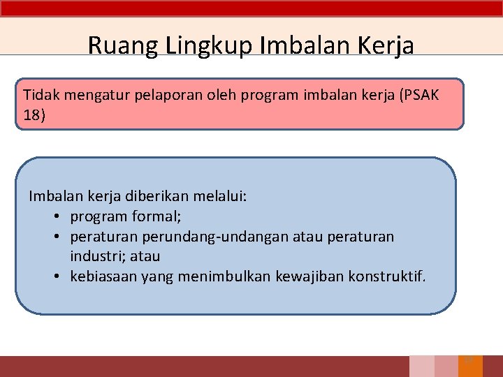 Ruang Lingkup Imbalan Kerja Tidak mengatur pelaporan oleh program imbalan kerja (PSAK 18) Imbalan