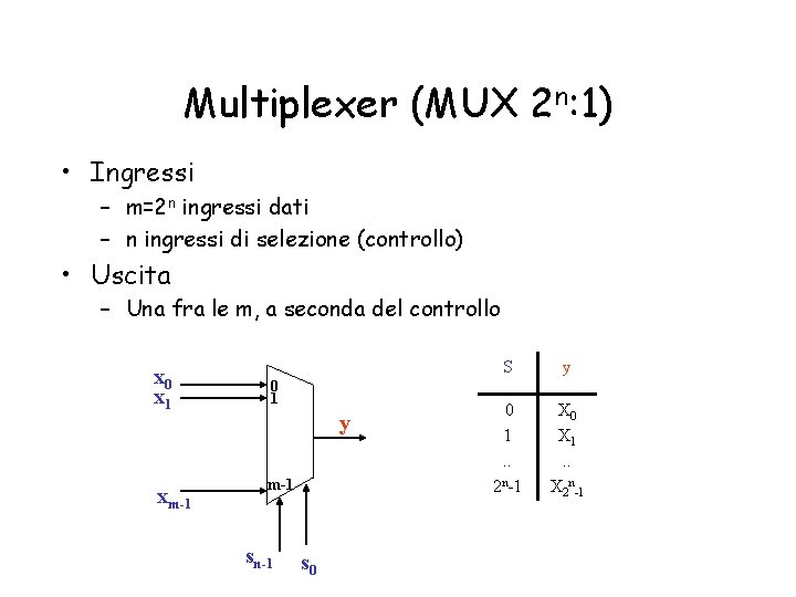 Multiplexer (MUX 2 n: 1) • Ingressi – m=2 n ingressi dati – n