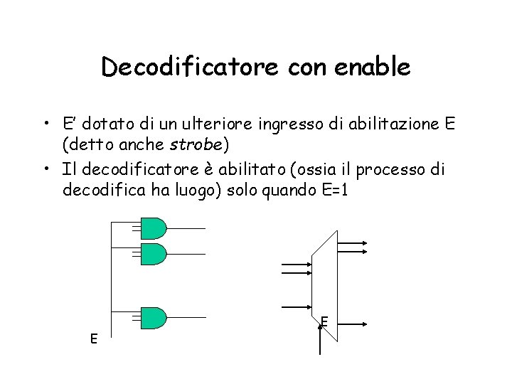 Decodificatore con enable • E’ dotato di un ulteriore ingresso di abilitazione E (detto