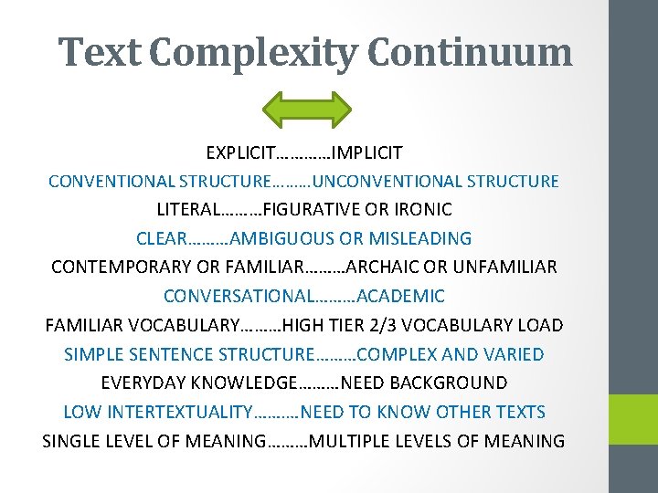 Text Complexity Continuum EXPLICIT…………IMPLICIT CONVENTIONAL STRUCTURE………UNCONVENTIONAL STRUCTURE LITERAL………FIGURATIVE OR IRONIC CLEAR………AMBIGUOUS OR MISLEADING CONTEMPORARY