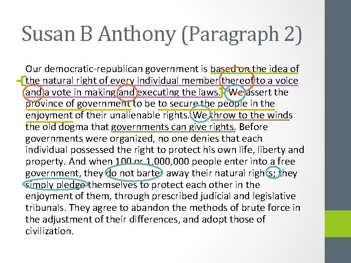 Susan B Anthony (Paragraph 2) Our democratic-republican government is based on the idea of