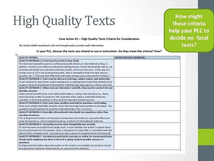 High Quality Texts How might these criteria help your PLC to decide on focal