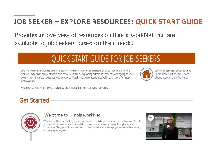 JOB SEEKER – EXPLORE RESOURCES: QUICK START GUIDE Provides an overview of resources on