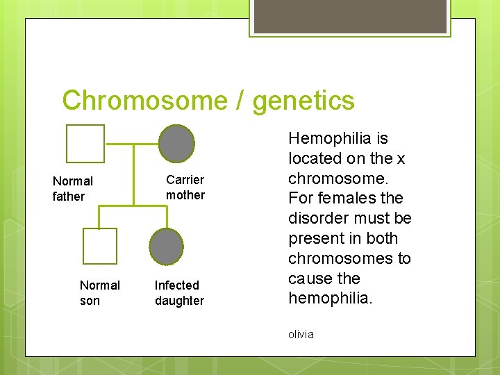 Chromosome / genetics Normal father Normal son Carrier mother Infected daughter Hemophilia is located