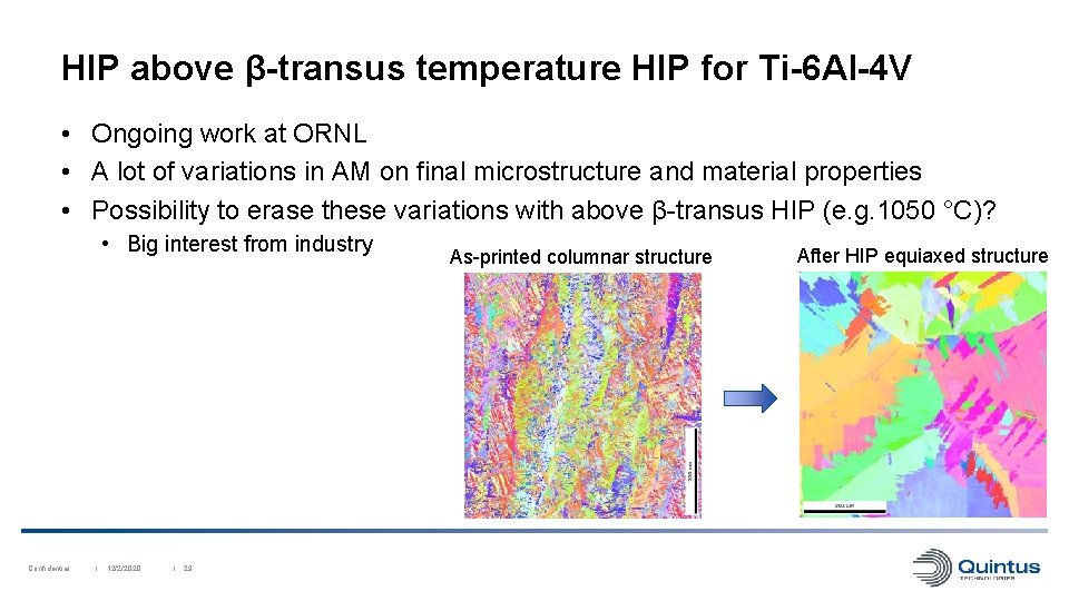 HIP above β-transus temperature HIP for Ti-6 Al-4 V • Ongoing work at ORNL