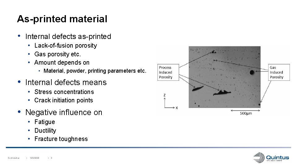 As-printed material • Internal defects as-printed • Lack-of-fusion porosity • Gas porosity etc. •