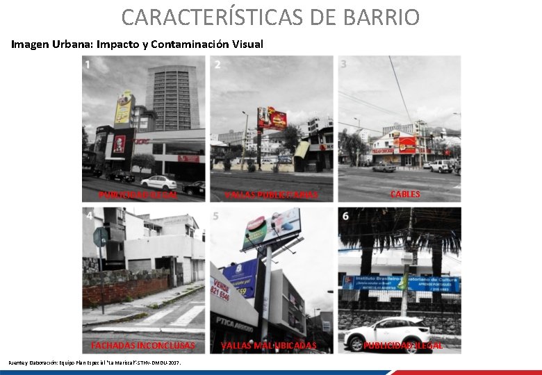 CARACTERÍSTICAS DE BARRIO Imagen Urbana: Impacto y Contaminación Visual PUBLICIDAD ILEGAL FACHADAS INCONCLUSAS Fuente