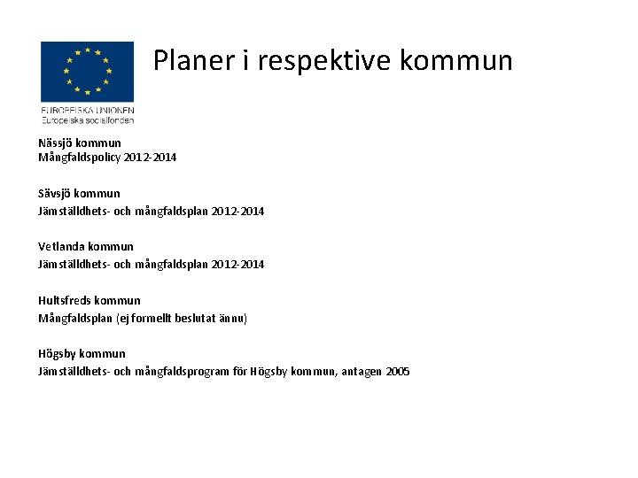  Planer i respektive kommun Nässjö kommun Mångfaldspolicy 2012 -2014 Sävsjö kommun Jämställdhets- och