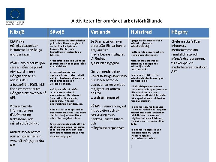 Aktiviteter för området arbetsförhållande Nässjö Sävsjö Vetlanda Hultsfred Högsby I SAM ska mångfaldsaspekten inkluderas