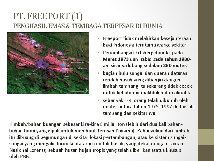 PT. FREEPORT (1) PENGHASIL EMAS & TEMBAGA TERBESAR DI DUNIA • Freeport tidak melahirkan