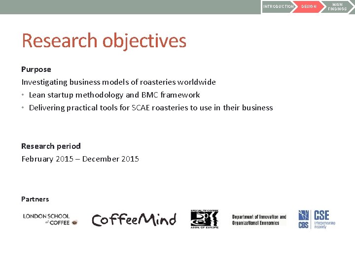 INTRODUCTION Research objectives Purpose Investigating business models of roasteries worldwide • Lean startup methodology