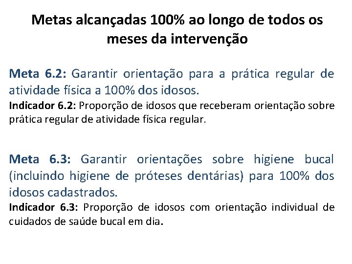 Metas alcançadas 100% ao longo de todos os meses da intervenção Meta 6. 2: