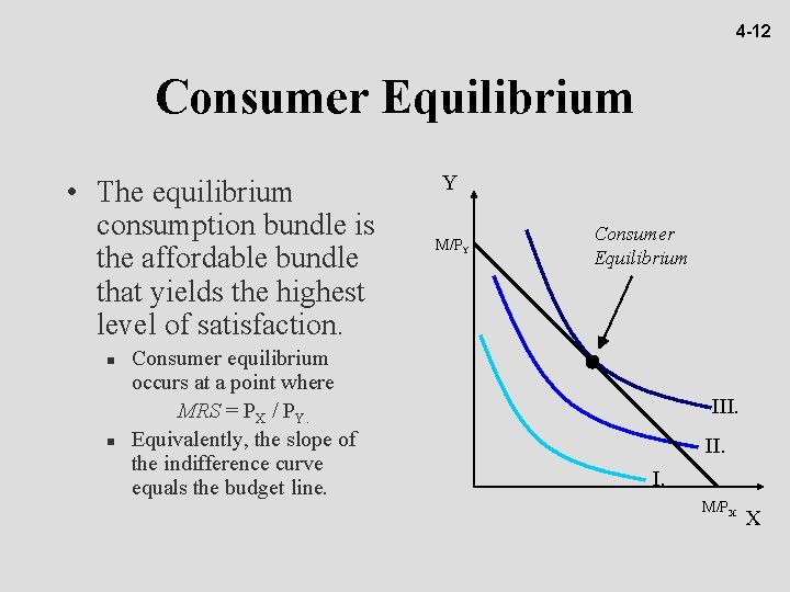 4 -12 Consumer Equilibrium • The equilibrium consumption bundle is the affordable bundle that