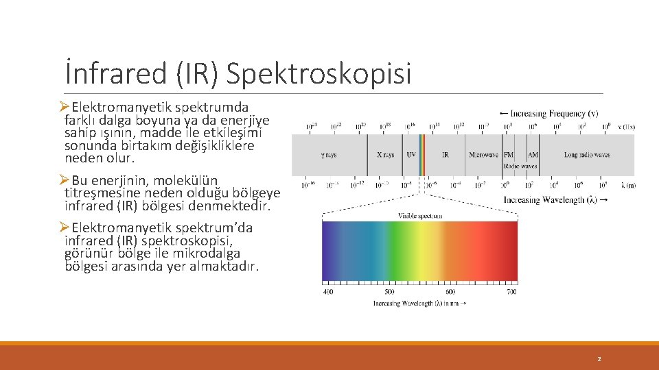 İnfrared (IR) Spektroskopisi ØElektromanyetik spektrumda farklı dalga boyuna ya da enerjiye sahip ışının, madde