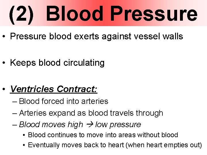 (2) Blood Pressure • Pressure blood exerts against vessel walls • Keeps blood circulating