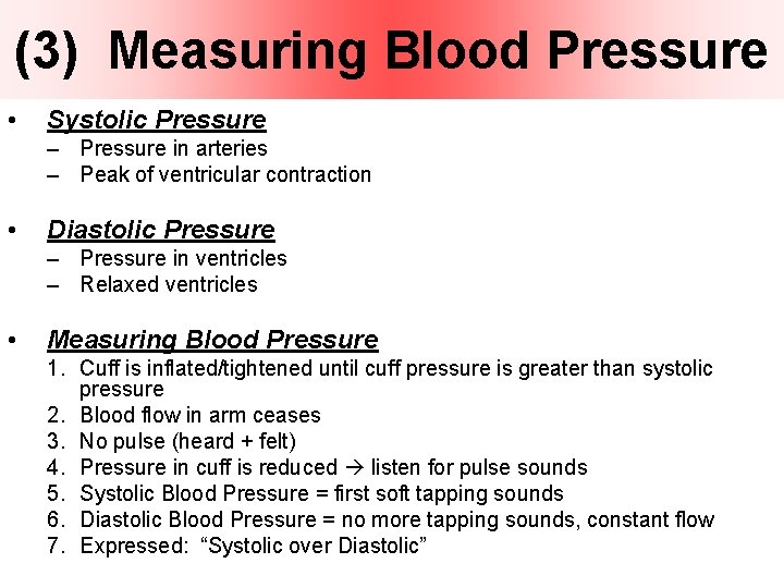 (3) Measuring Blood Pressure • Systolic Pressure – Pressure in arteries – Peak of