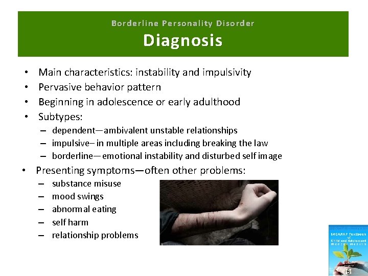 Borderline Personality Disorder Diagnosis • • Main characteristics: instability and impulsivity Pervasive behavior pattern