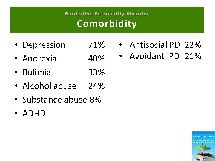 Borderline Personality Disorder Comorbidity • • • Depression 71% Anorexia 40% Bulimia 33% Alcohol