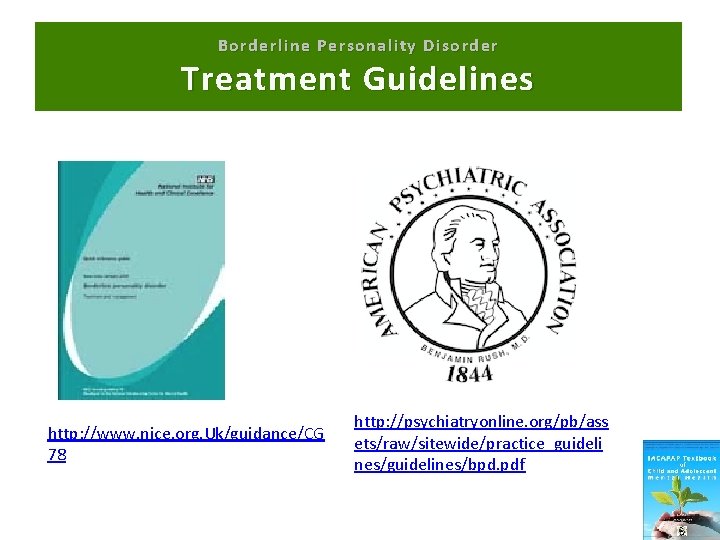 Borderline Personality Disorder Treatment Guidelines http: //www. nice. org. Uk/guidance/CG 78 http: //psychiatryonline. org/pb/ass