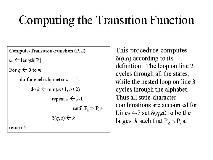 Computing the Transition Function Compute-Transition-Function (P, ) m length[P] For q 0 to m