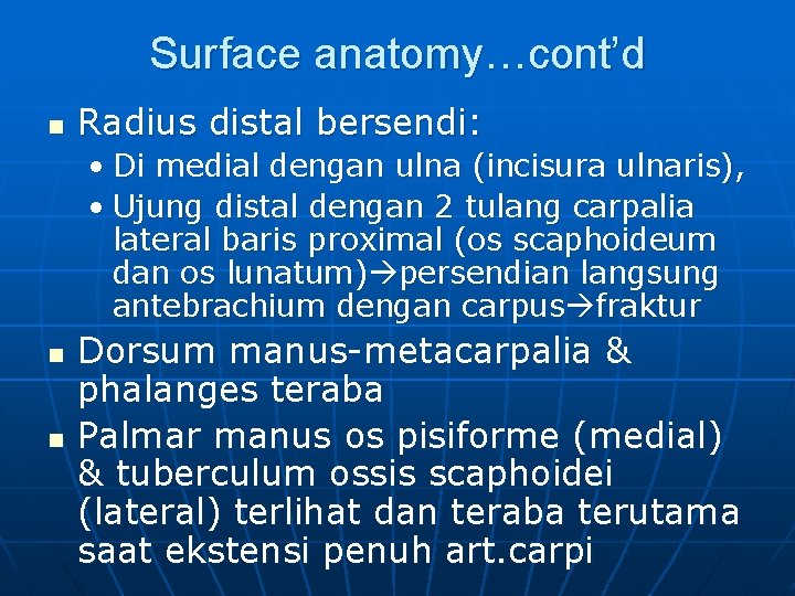 Surface anatomy…cont’d n Radius distal bersendi: • Di medial dengan ulna (incisura ulnaris), •