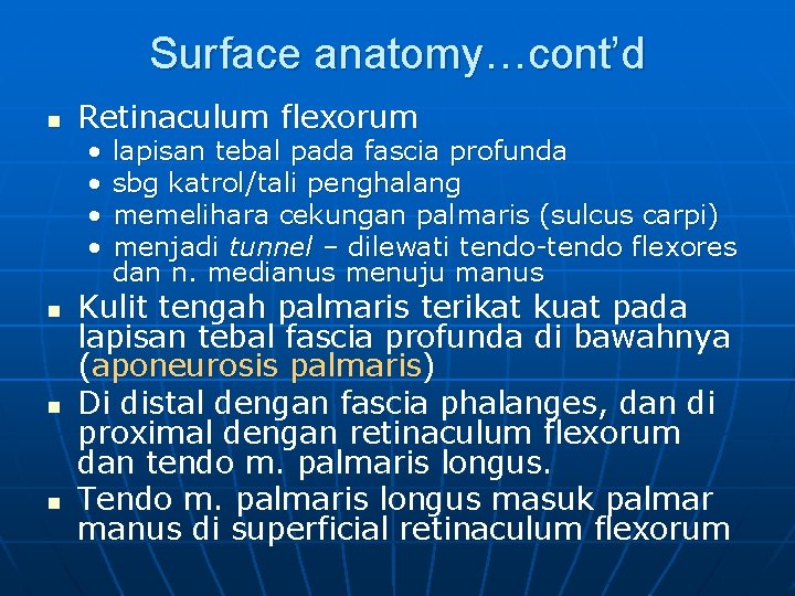 Surface anatomy…cont’d n Retinaculum flexorum • • n n n lapisan tebal pada fascia