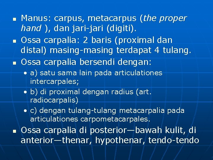 n n n Manus: carpus, metacarpus (the proper hand ), dan jari-jari (digiti). Ossa