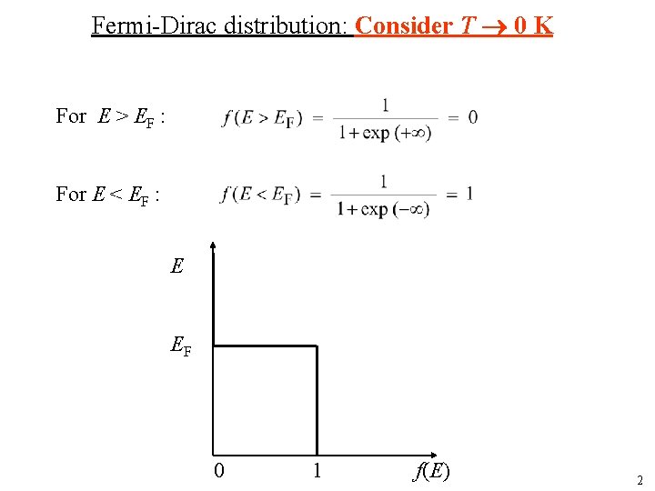 Fermi-Dirac distribution: Consider T 0 K For E > EF : For E <