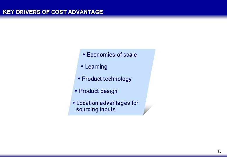 KEY DRIVERS OF COST ADVANTAGE • Economies of scale • Learning • Product technology