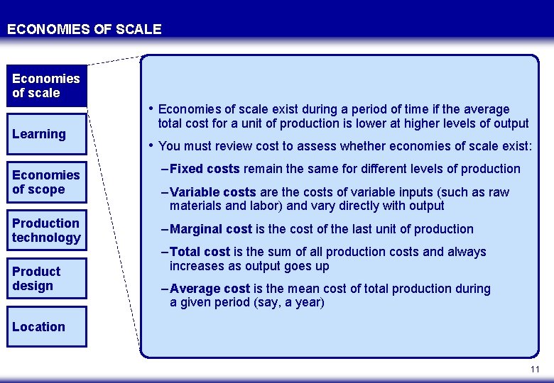 ECONOMIES OF SCALE Economies of scale Learning Economies of scope Production technology Product design