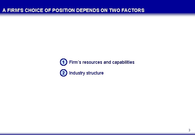 A FIRM’S CHOICE OF POSITION DEPENDS ON TWO FACTORS 1 Firm’s resources and capabilities
