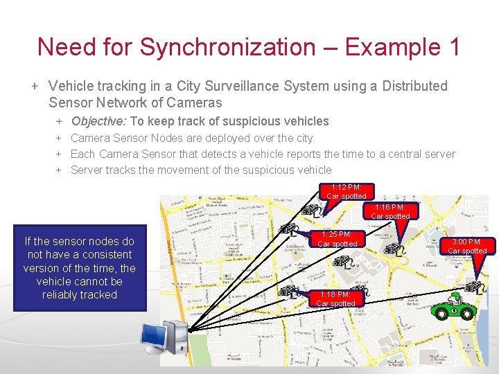 Need for Synchronization – Example 1 Vehicle tracking in a City Surveillance System using
