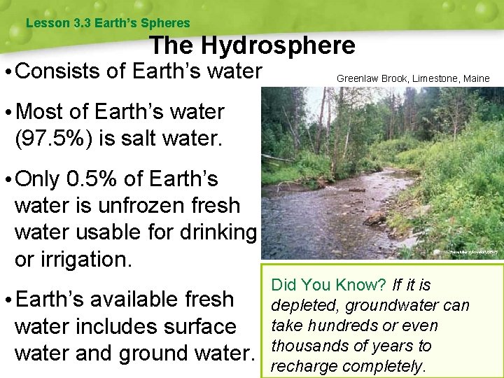Lesson 3. 3 Earth’s Spheres The Hydrosphere • Consists of Earth’s water Greenlaw Brook,