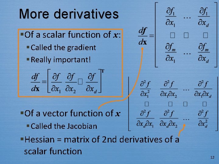 More derivatives §Of a scalar function of x: § Called the gradient § Really