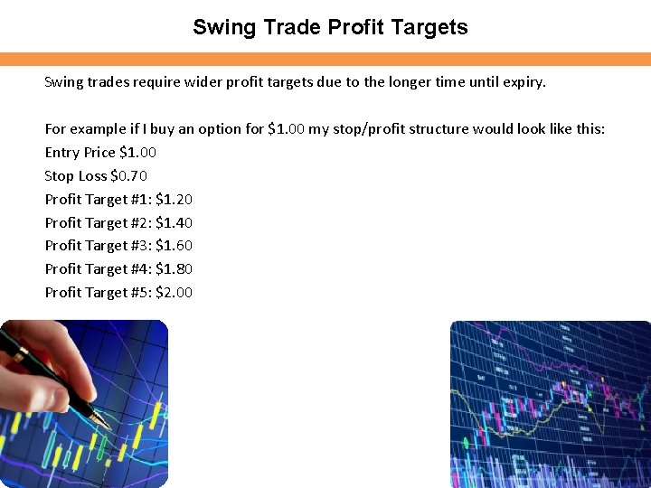 Swing Trade Profit Targets Swing trades require wider profit targets due to the longer