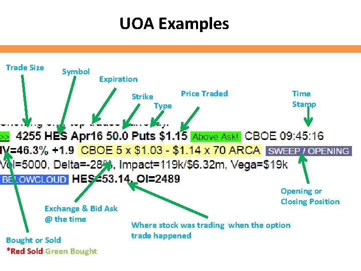 UOA Examples Trade Size Symbol Expiration Strike Exchange & Bid Ask @ the time