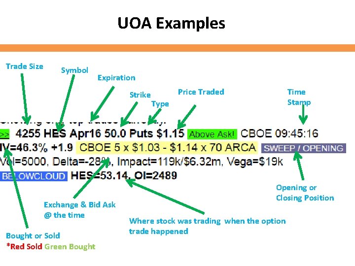 UOA Examples Trade Size Symbol Expiration Strike Exchange & Bid Ask @ the time UOA Examples Trade Size Symbol Expiration Strike Exchange & Bid Ask @ the time